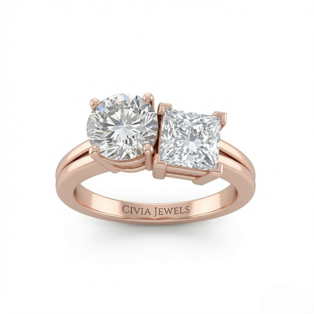 Rose Gold Duoria Toi et Moi Round & Princess Diamond Engagement Ring