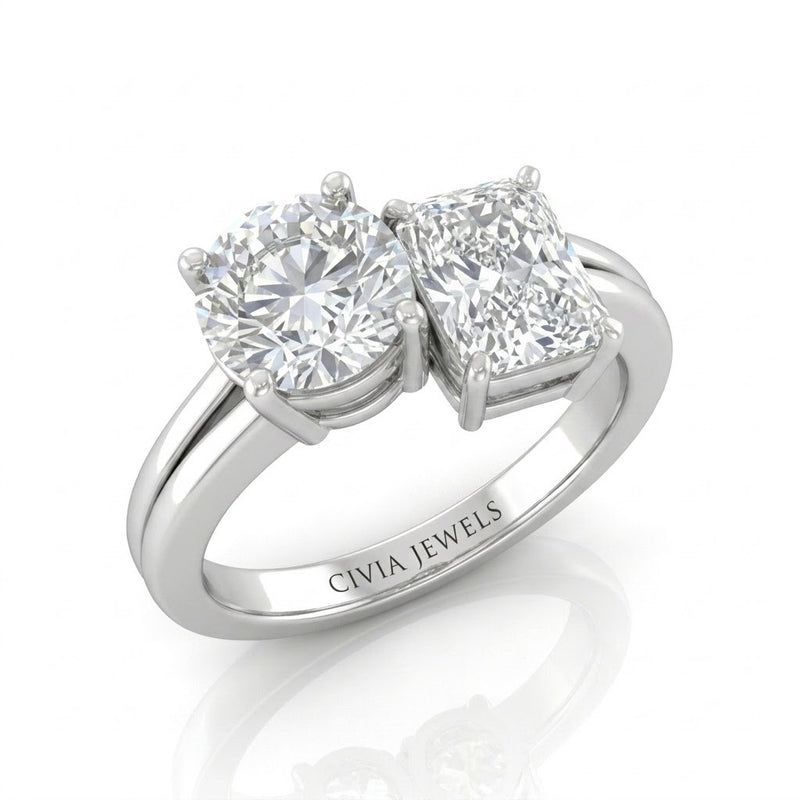Silver Duoria Toi et Moi Round & Radiant Diamond Engagement Ring