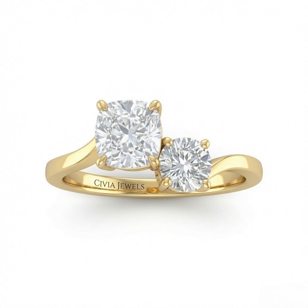 Yellow Gold Maravelle Toi et Moi Cushion & Round Diamond Engagement Ring