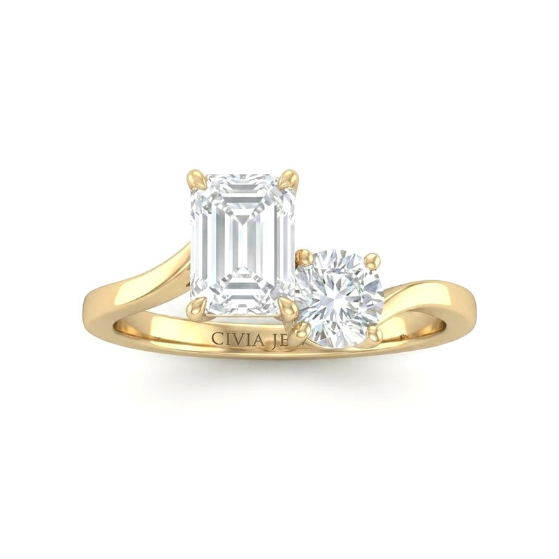Yellow Gold Maravelle Toi et Moi Emerald & Round Diamond Engagement Ring