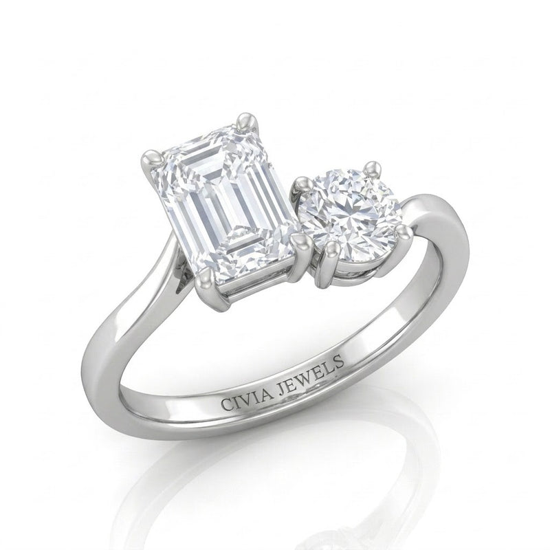 Silver Maravelle Toi et Moi Emerald & Round Diamond Engagement Ring