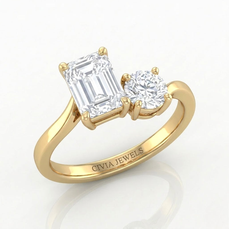 Yellow Gold Maravelle Toi et Moi Emerald & Round Diamond Engagement Ring