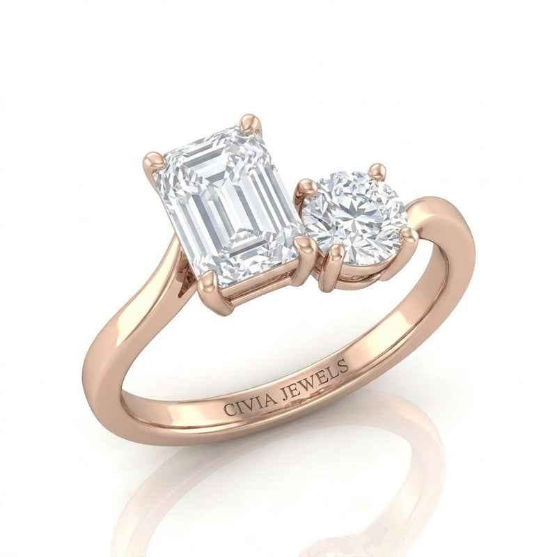 Rose Gold Maravelle Toi et Moi Emerald & Round Diamond Engagement Ring