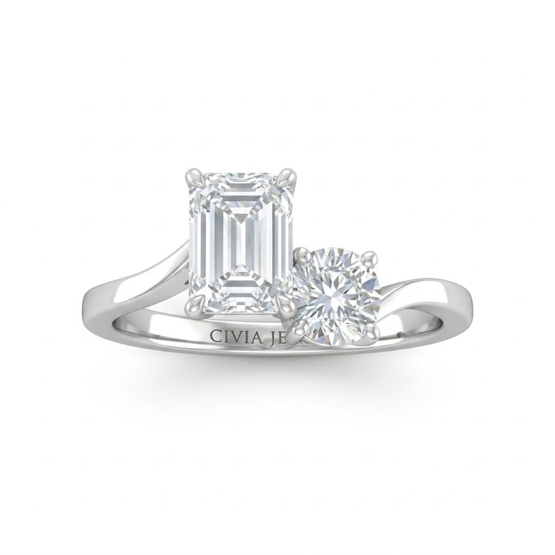 White Gold Maravelle Toi et Moi Emerald & Round Diamond Engagement Ring