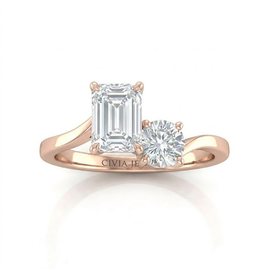 Rose Gold Maravelle Toi et Moi Emerald & Round Diamond Engagement Ring
