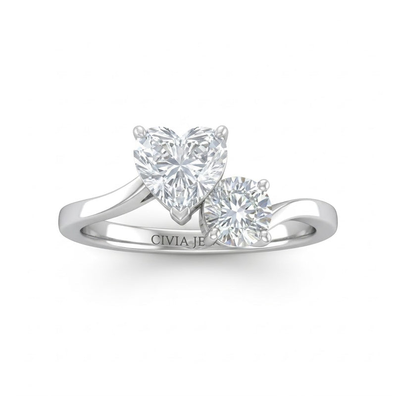 Silver Maravelle Toi et Moi Heart & Round Diamond Engagement Ring