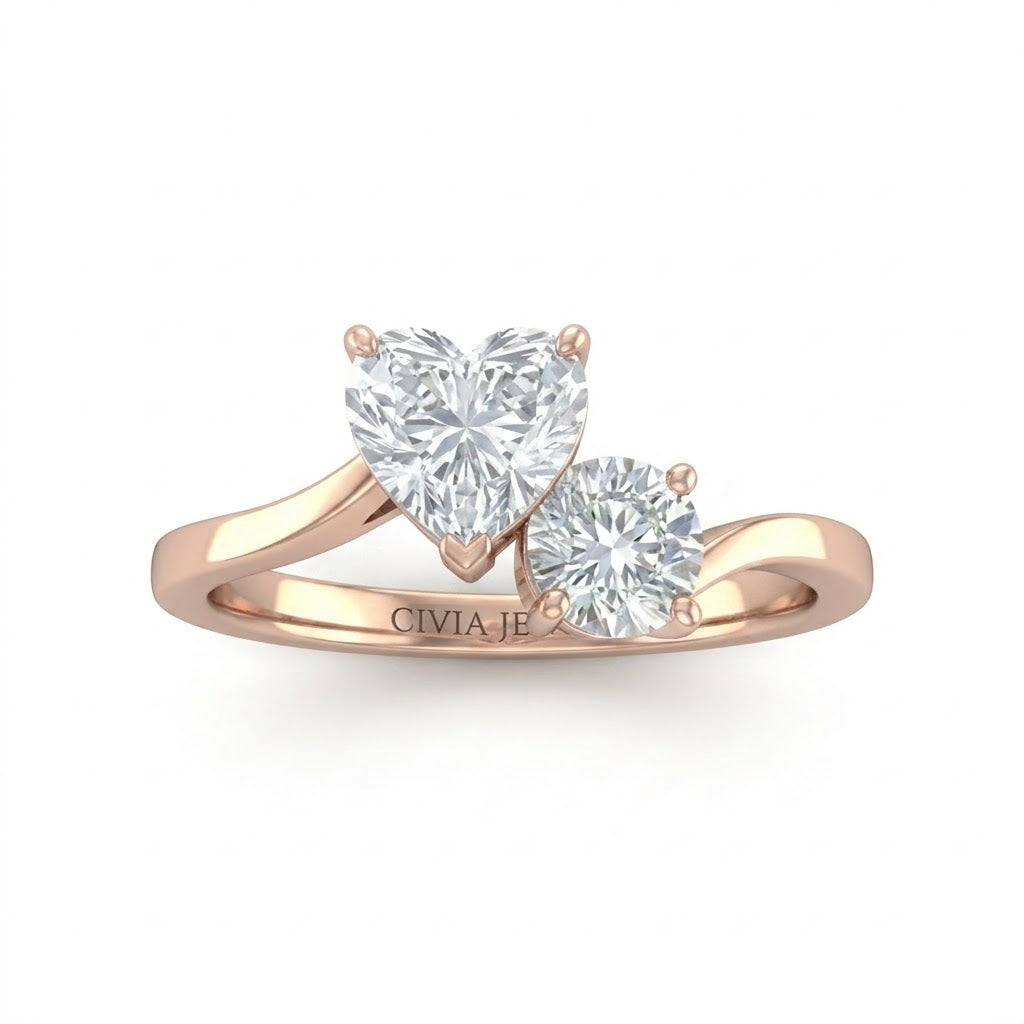 Rose Gold Maravelle Toi et Moi Heart & Round Diamond Engagement Ring