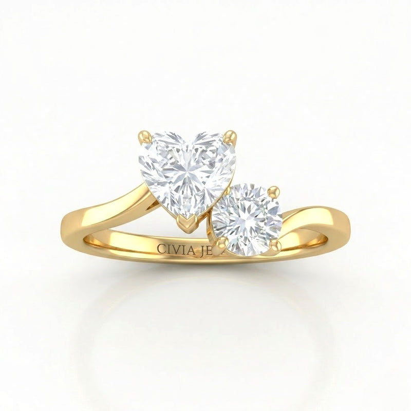 Yellow Gold Maravelle Toi et Moi Heart & Round Diamond Engagement Ring