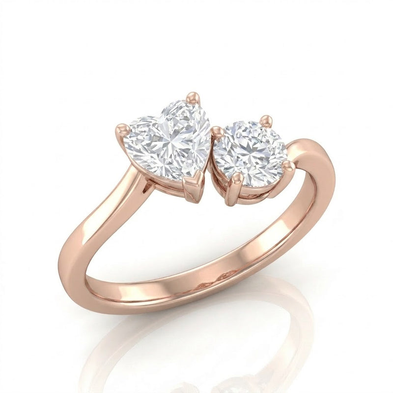 Rose Gold Maravelle Toi et Moi Heart & Round Diamond Engagement Ring