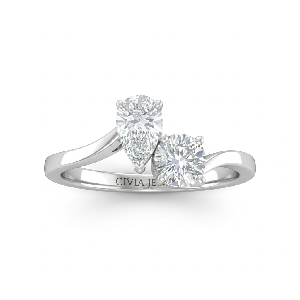 Silver Maravelle Toi et Moi Pear & Round Diamond Engagement Ring