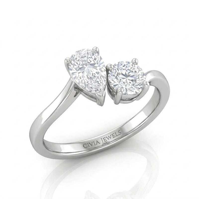 Silver Maravelle Toi et Moi Pear & Round Diamond Engagement Ring