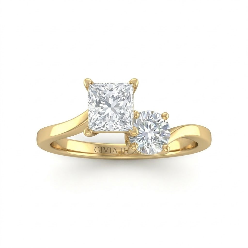 Yellow Gold Maravelle Toi et Moi Princess & Round Diamond Engagement Ring