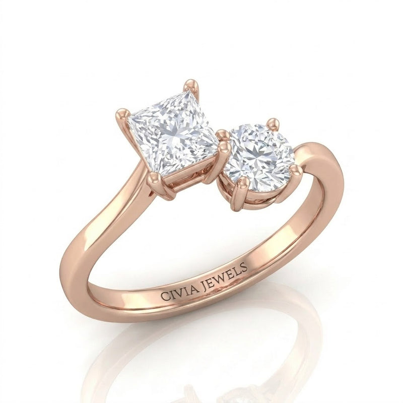 Rose Gold Maravelle Toi et Moi Princess & Round Diamond Engagement Ring