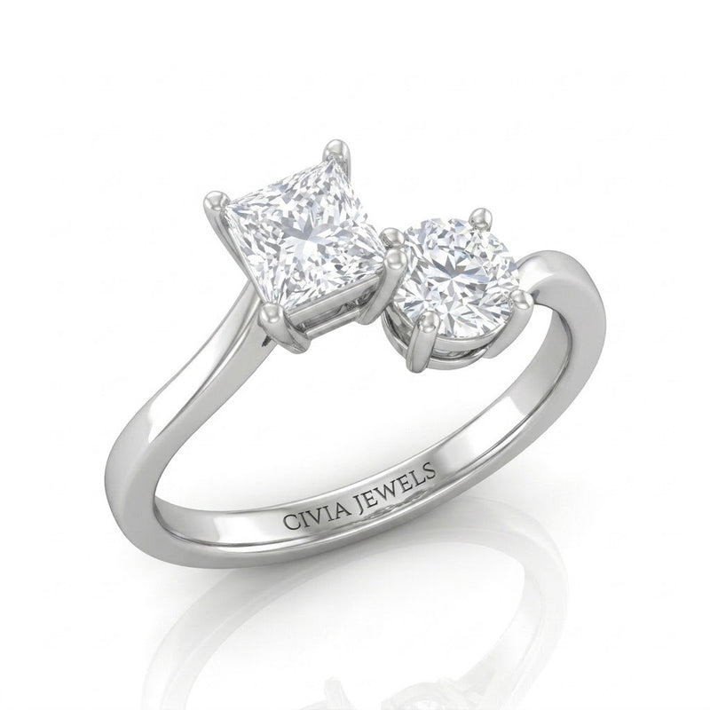 Silver Maravelle Toi et Moi Princess & Round Diamond Engagement Ring