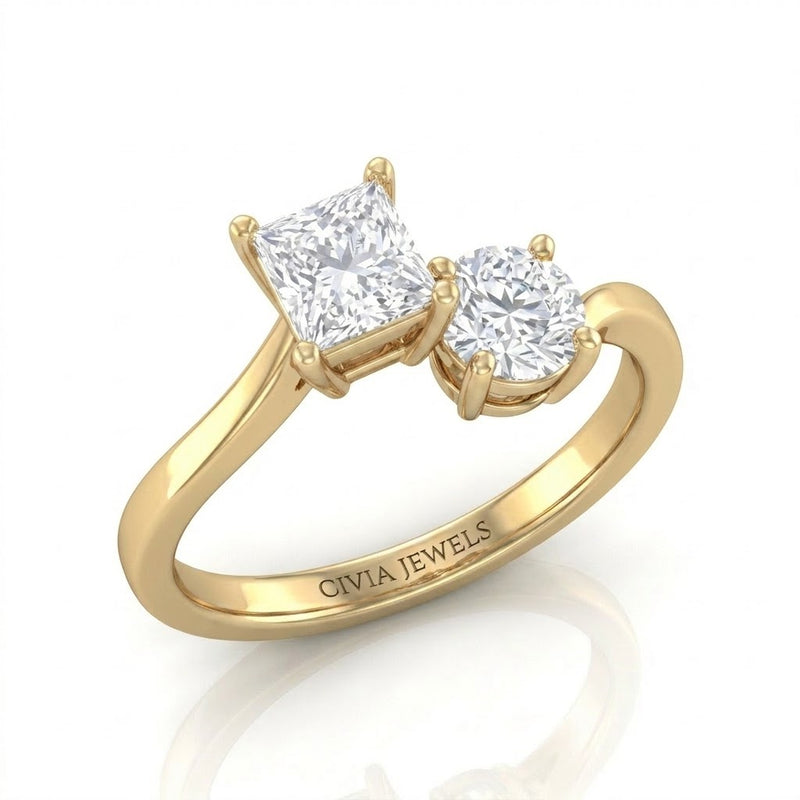 Yellow Gold Maravelle Toi et Moi Princess & Round Diamond Engagement Ring