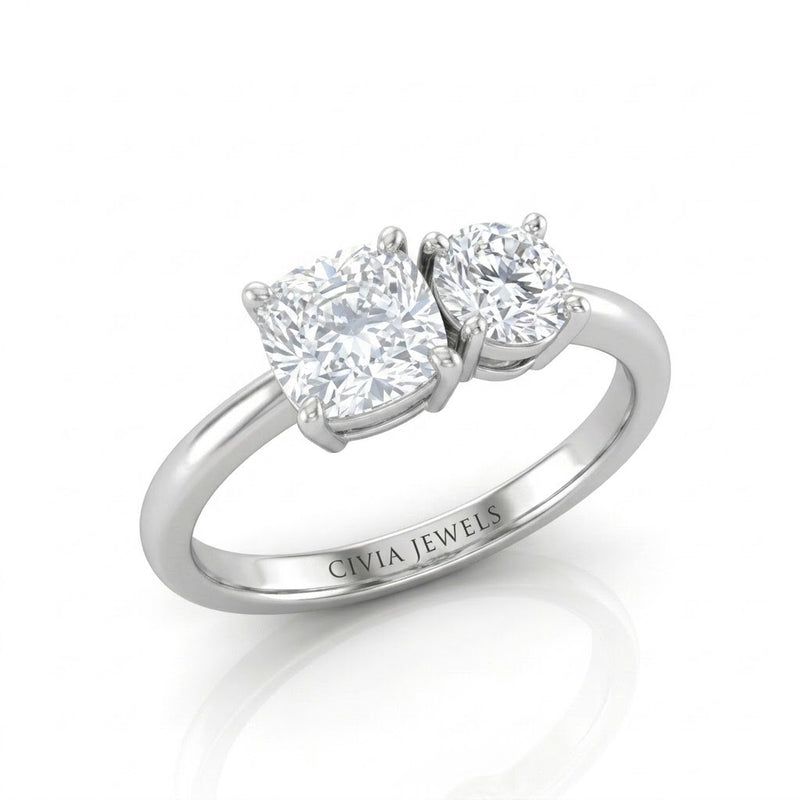 Silver Amourique Toi et Moi Cushion & Round Diamond Engagement Ring