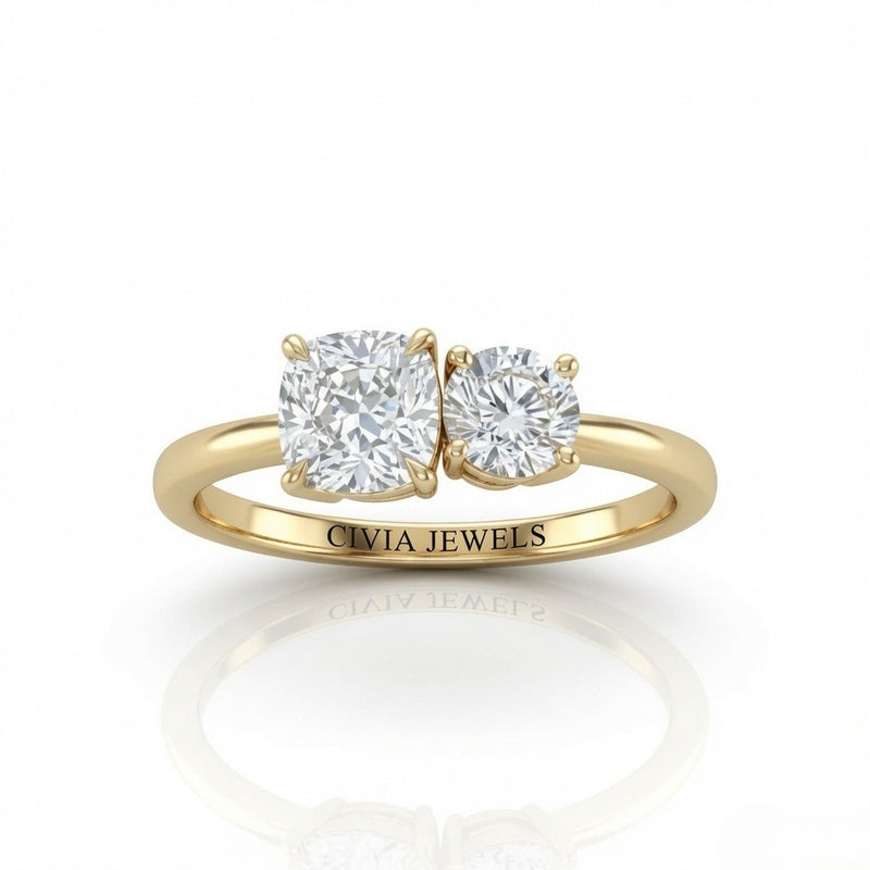 Yellow Gold Amourique Toi et Moi Cushion & Round Diamond Engagement Ring