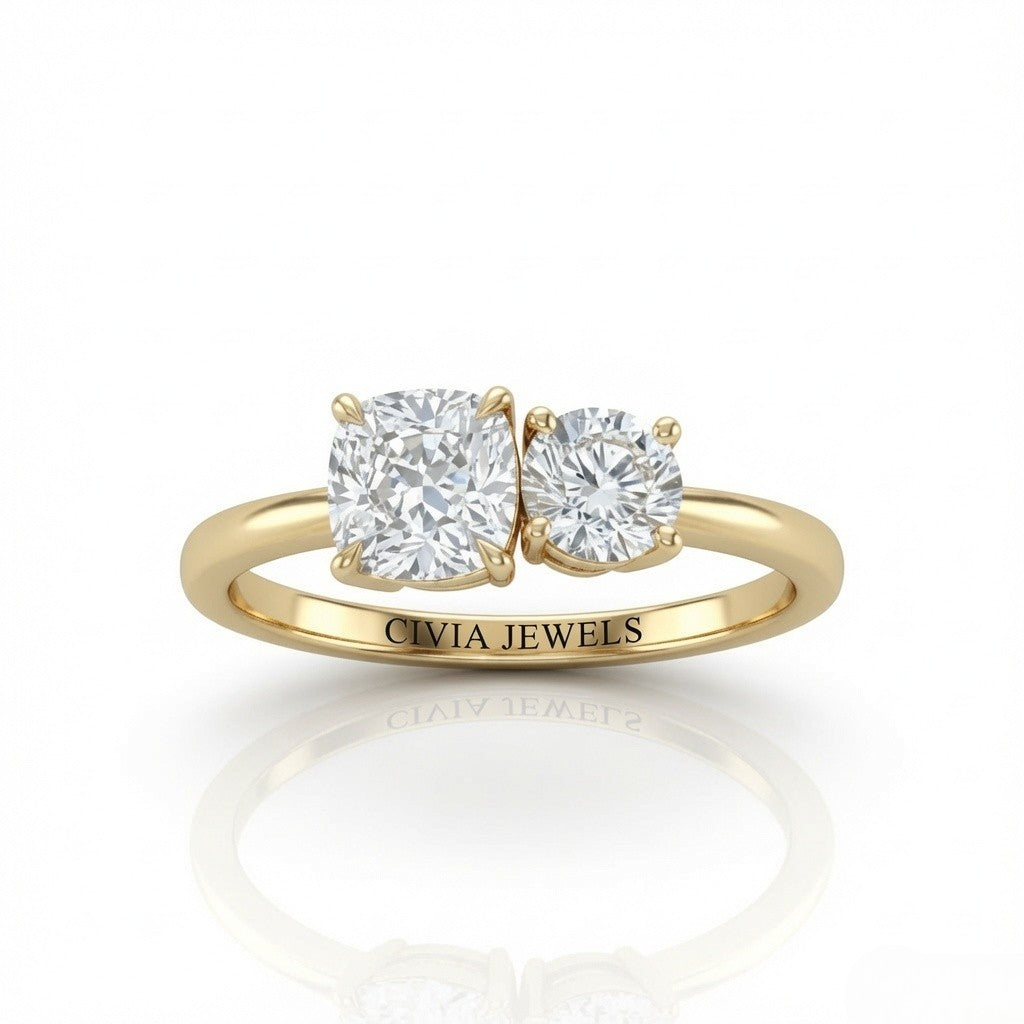 Yellow Gold Amourique Toi et Moi Cushion & Round Diamond Engagement Ring