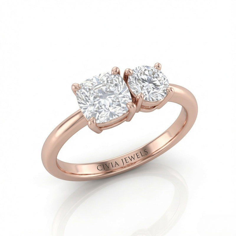 Rose Gold Amourique Toi et Moi Cushion & Round Diamond Engagement Ring