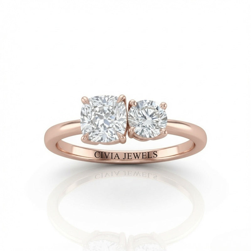 Rose Gold Amourique Toi et Moi Cushion & Round Diamond Engagement Ring