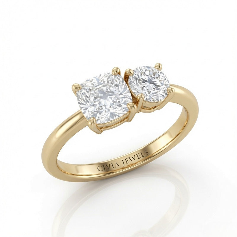 Yellow Gold Amourique Toi et Moi Cushion & Round Diamond Engagement Ring