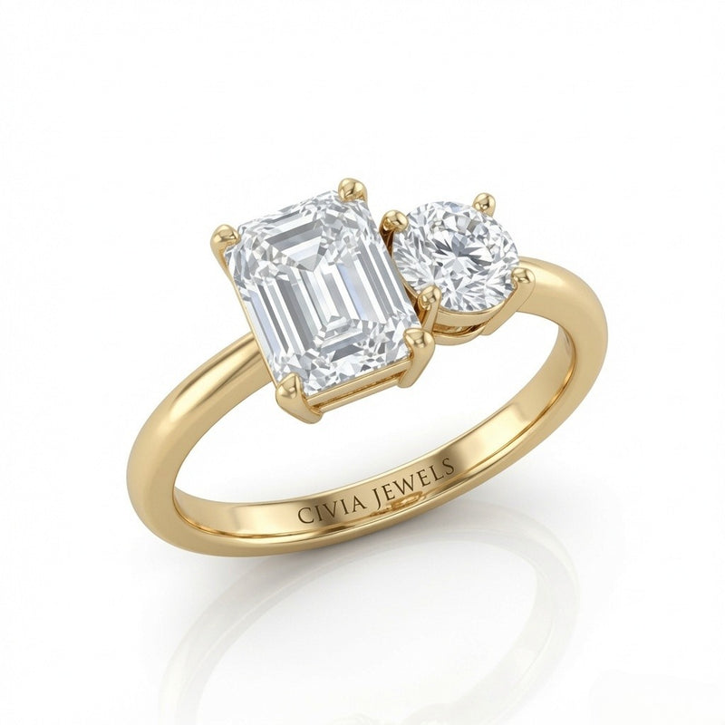 Yellow Gold Amourique Toi et Moi Emerald & Round Diamond Engagement Ring