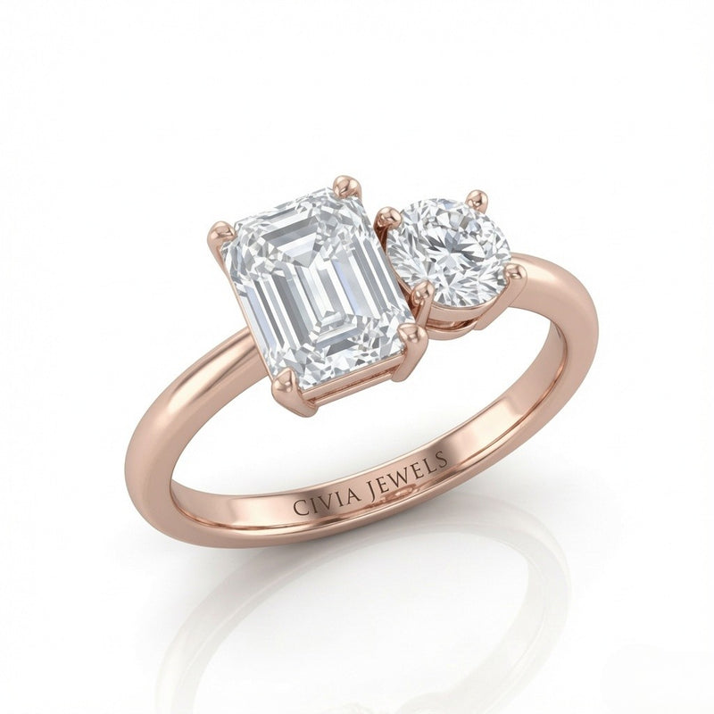 Rose Gold Amourique Toi et Moi Emerald & Round Diamond Engagement Ring