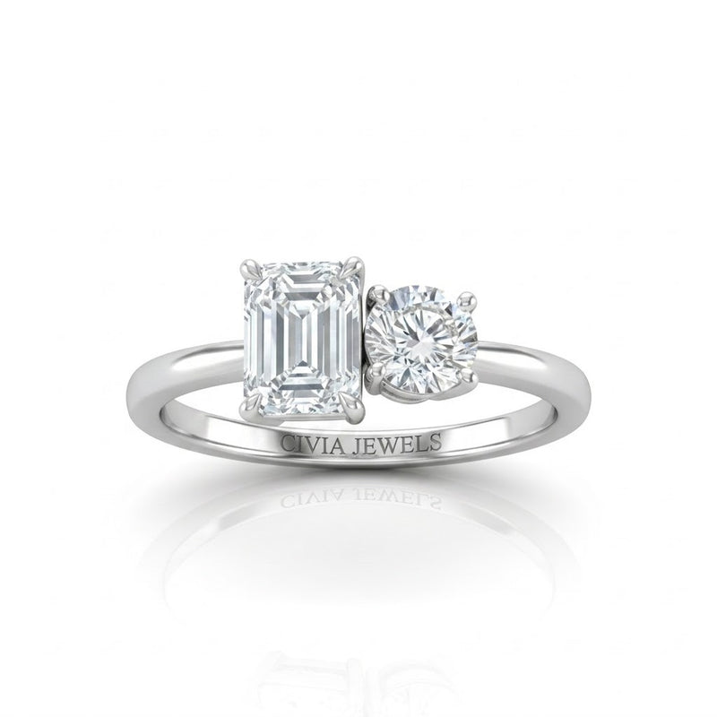 White Gold Amourique Toi et Moi Emerald & Round Diamond Engagement Ring