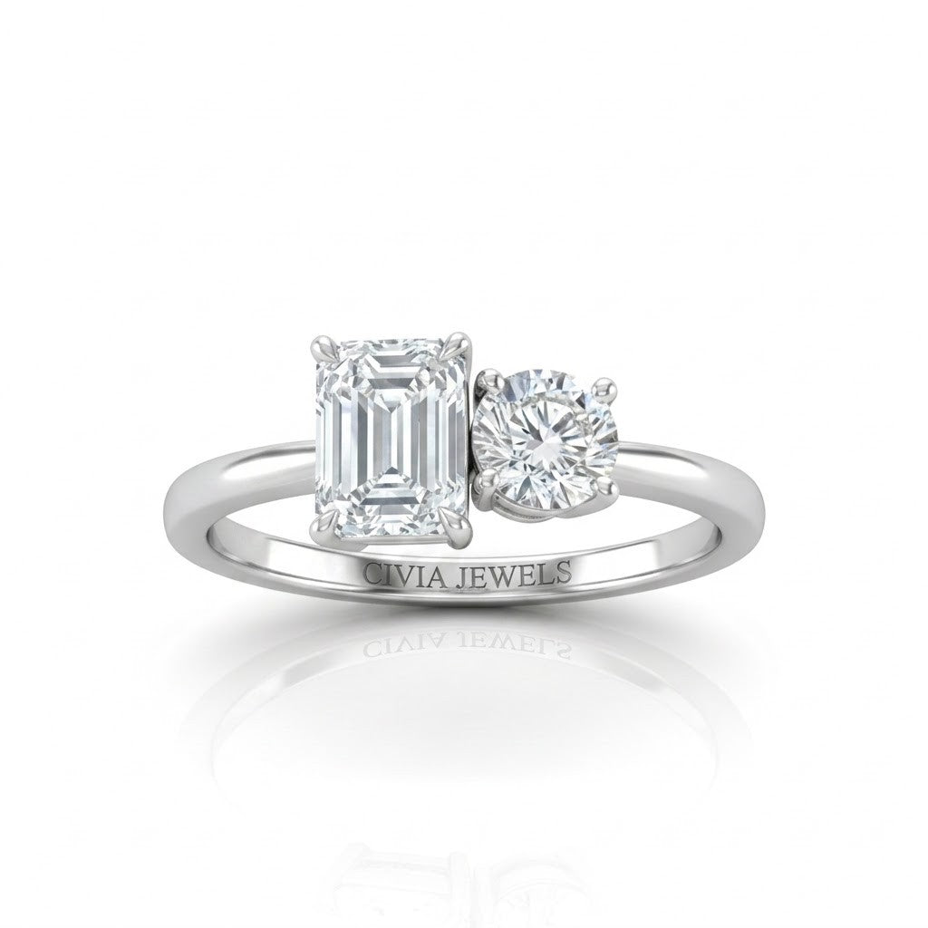 Silver Amourique Toi et Moi Emerald & Round Diamond Engagement Ring