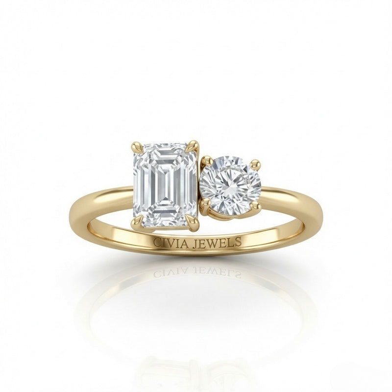 Yellow Gold Amourique Toi et Moi Emerald & Round Diamond Engagement Ring