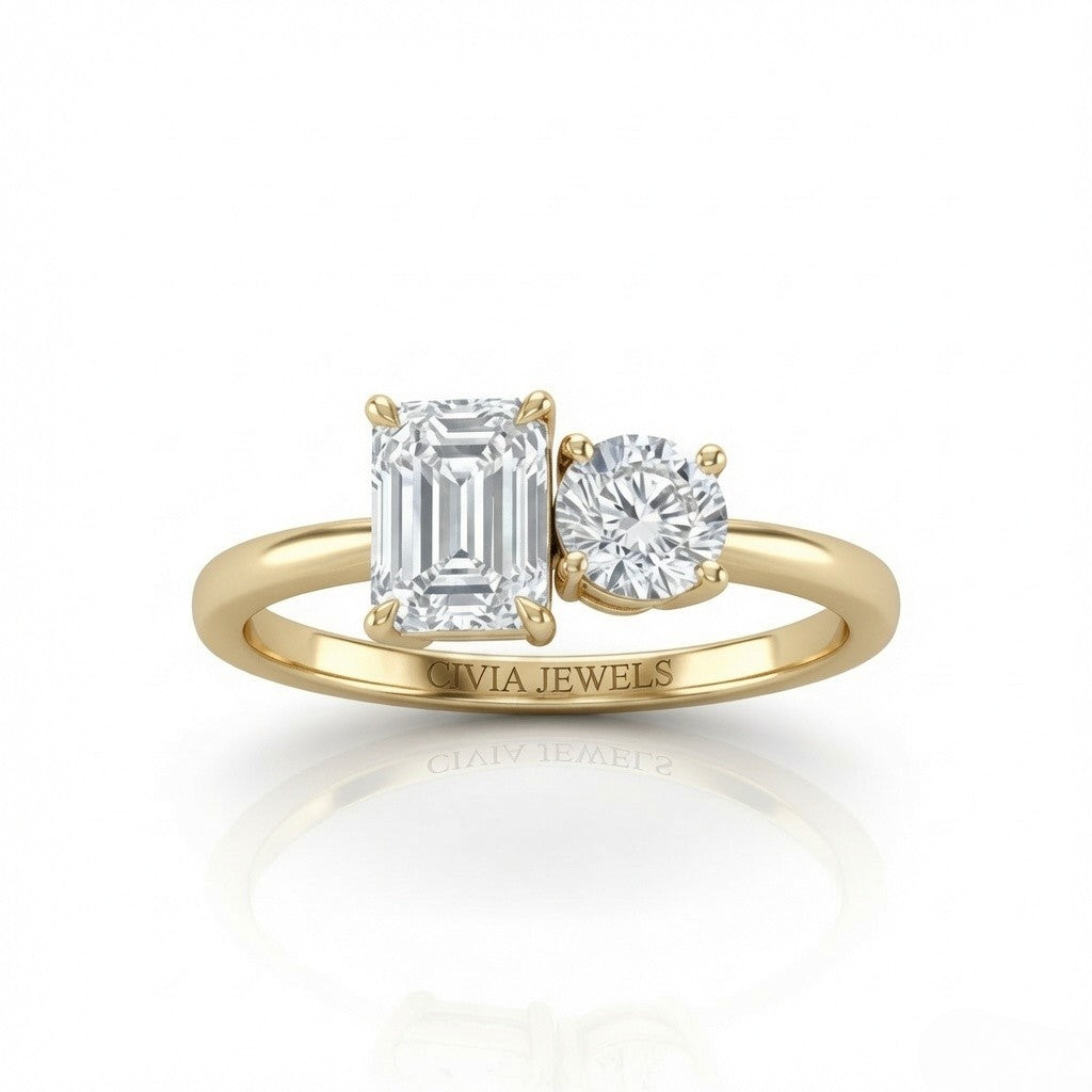 Yellow Gold Amourique Toi et Moi Emerald & Round Diamond Engagement Ring