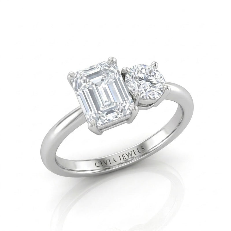 White Gold Amourique Toi et Moi Emerald & Round Diamond Engagement Ring