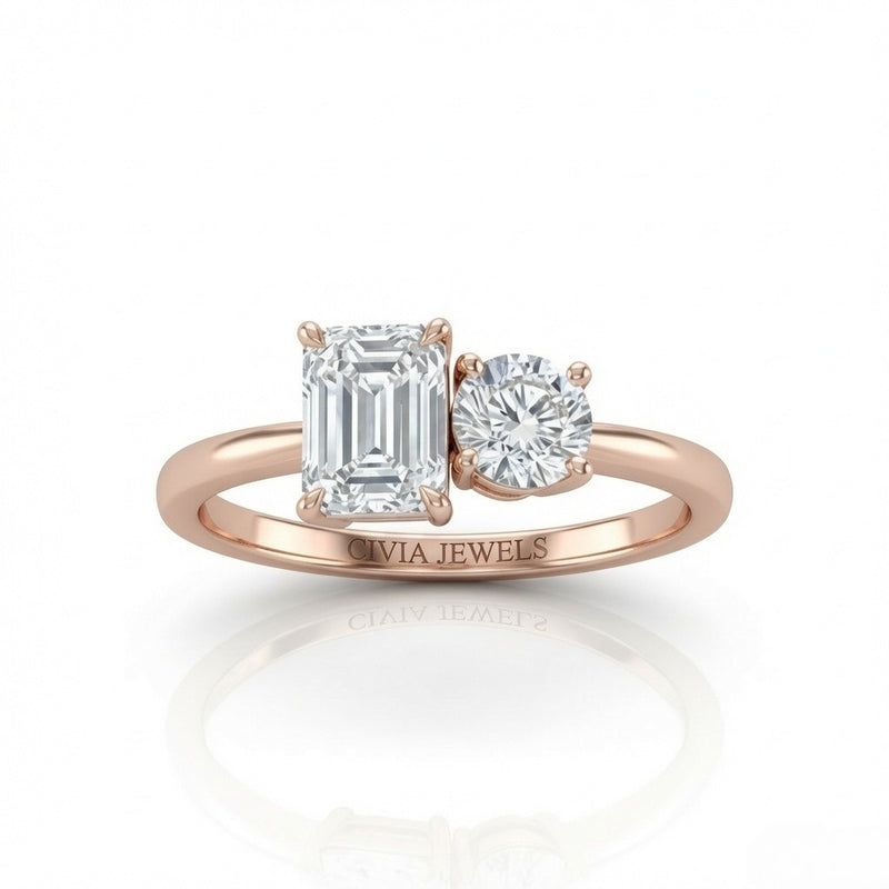 Rose Gold Amourique Toi et Moi Emerald & Round Diamond Engagement Ring