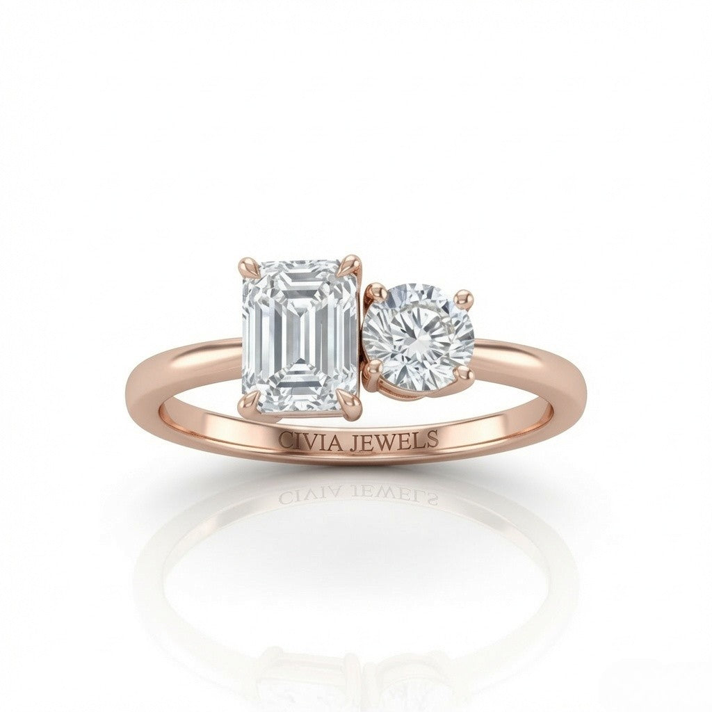Rose Gold Amourique Toi et Moi Emerald & Round Diamond Engagement Ring