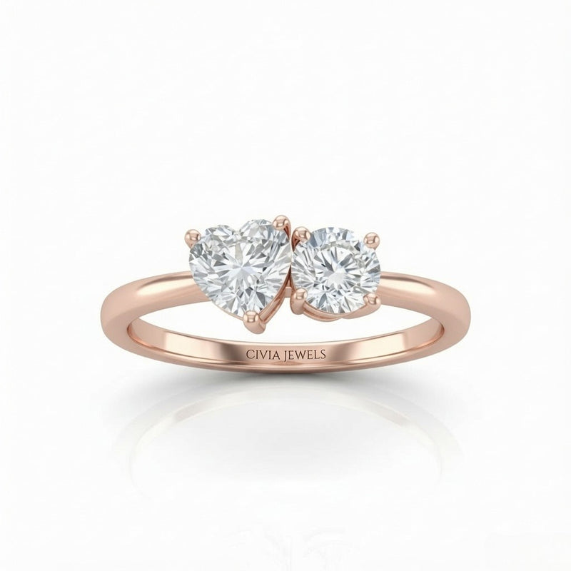 Rose Gold Amourique Toi et Moi Heart & Round Diamond Engagement Ring