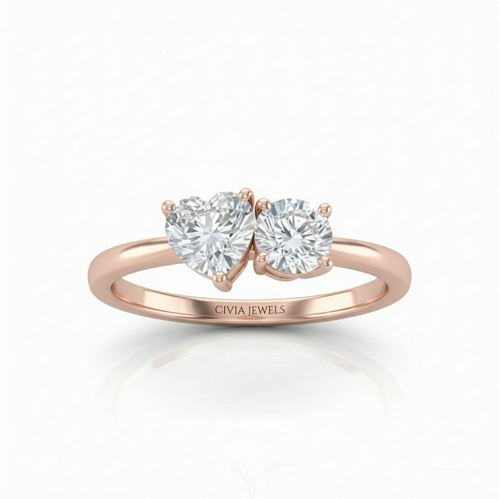 Rose Gold Amourique Toi et Moi Heart & Round Diamond Engagement Ring