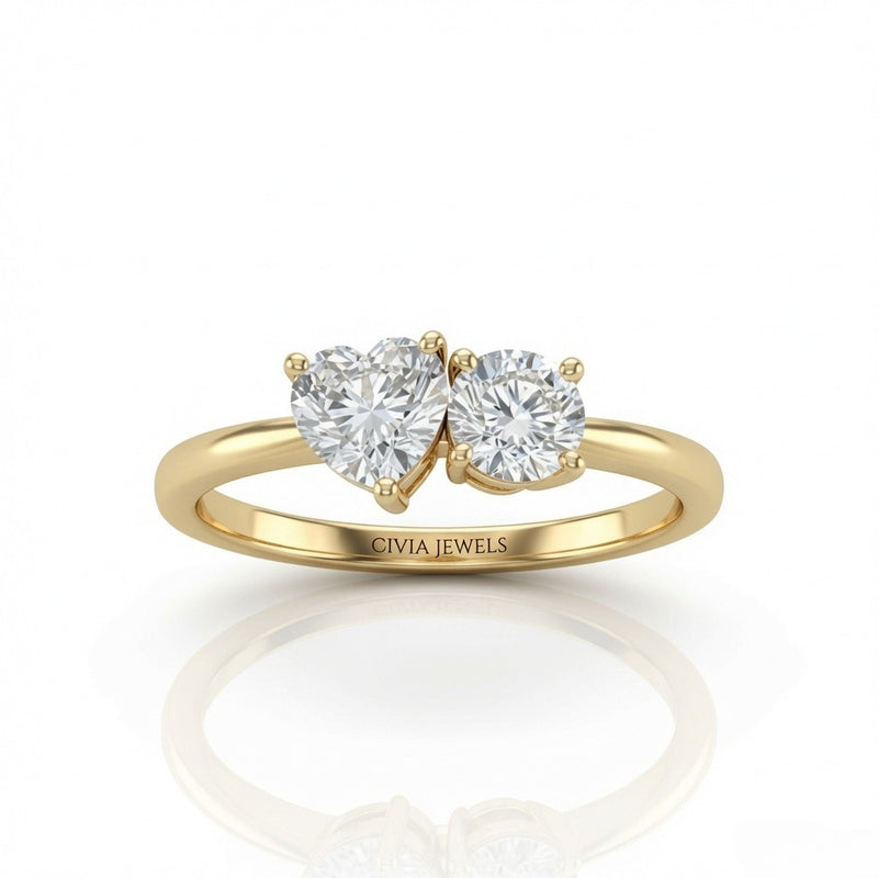 Yellow Gold Amourique Toi et Moi Heart & Round Diamond Engagement Ring