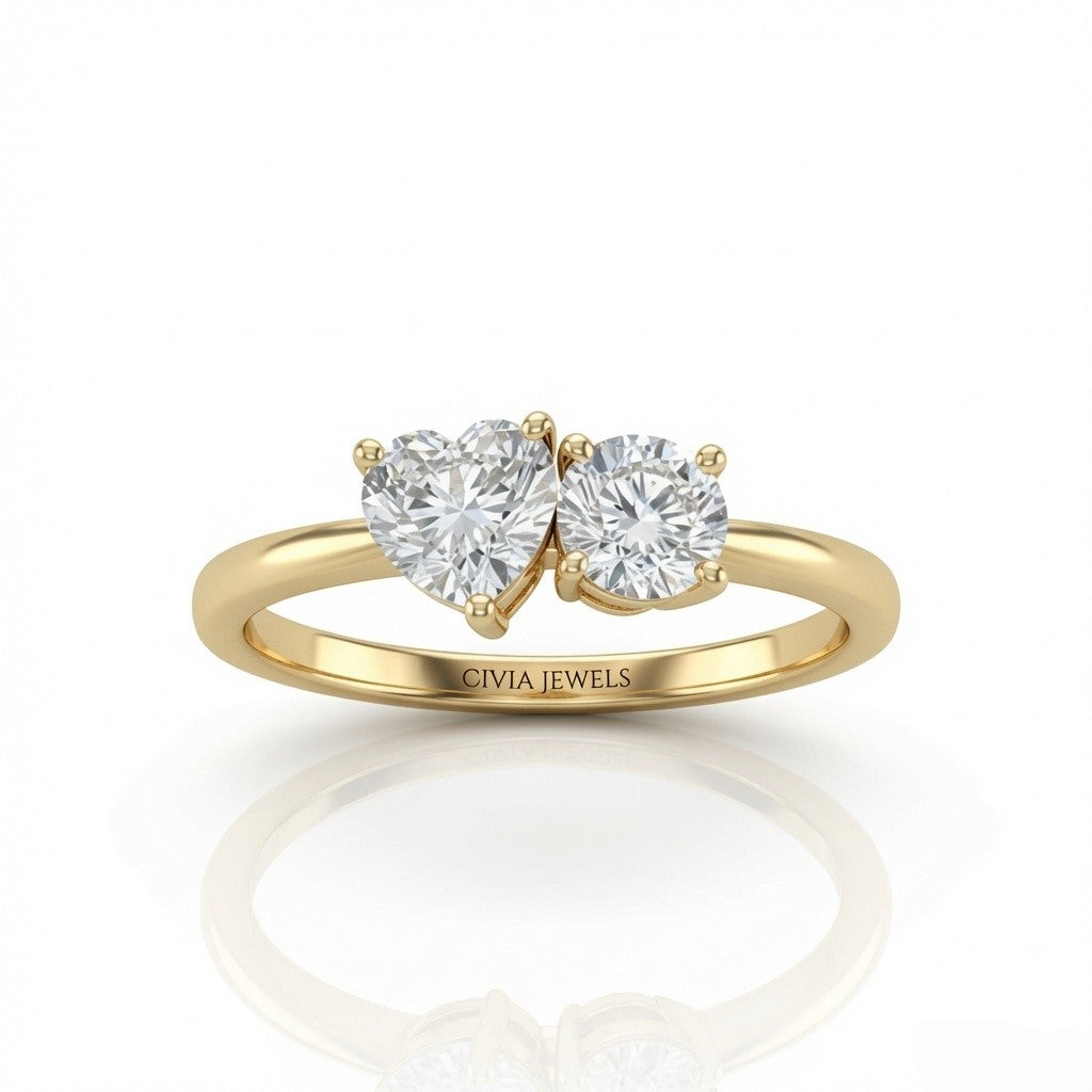 Yellow Gold Amourique Toi et Moi Heart & Round Diamond Engagement Ring