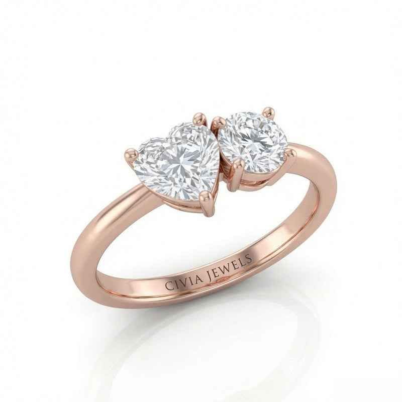 Rose Gold Amourique Toi et Moi Heart & Round Diamond Engagement Ring