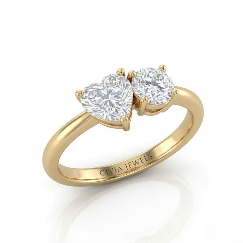 Yellow Gold Amourique Toi et Moi Heart & Round Diamond Engagement Ring