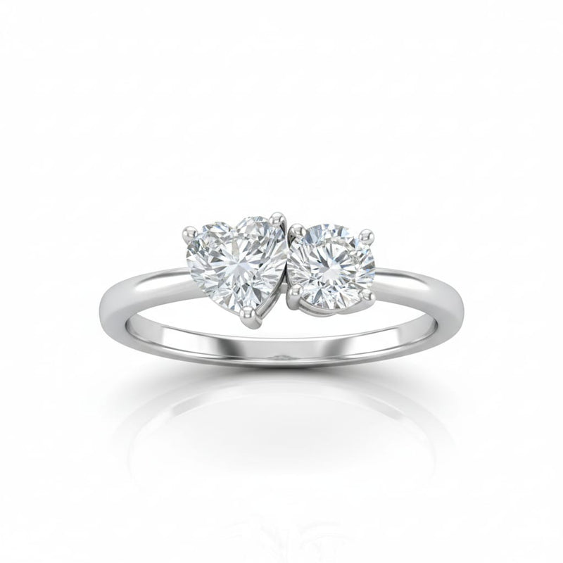 Silver Amourique Toi et Moi Heart & Round Diamond Engagement Ring