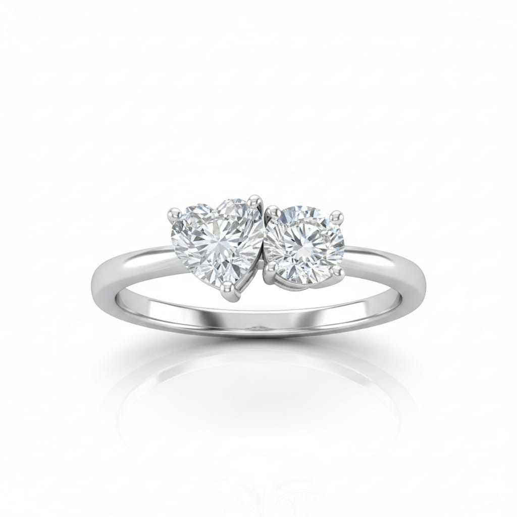 Silver Amourique Toi et Moi Heart & Round Diamond Engagement Ring