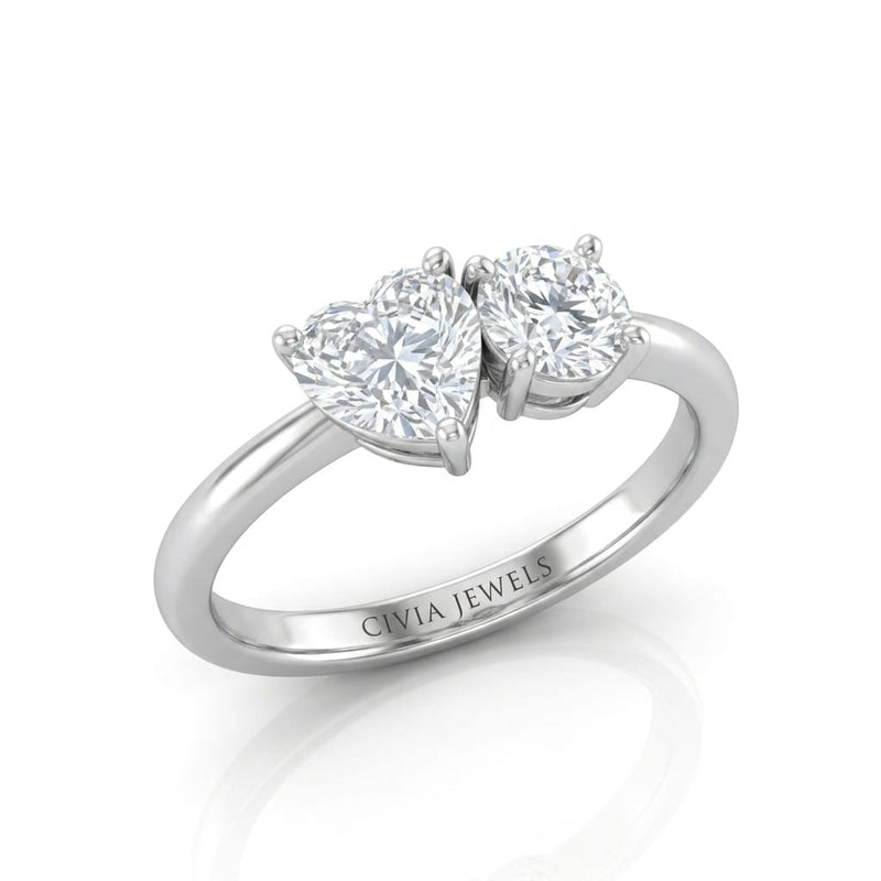 Silver Amourique Toi et Moi Heart & Round Diamond Engagement Ring