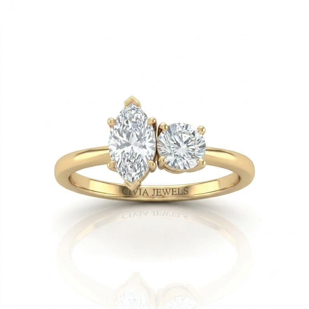 Yellow Gold Amourique Toi et Moi Marquise & Round Diamond Engagement Ring