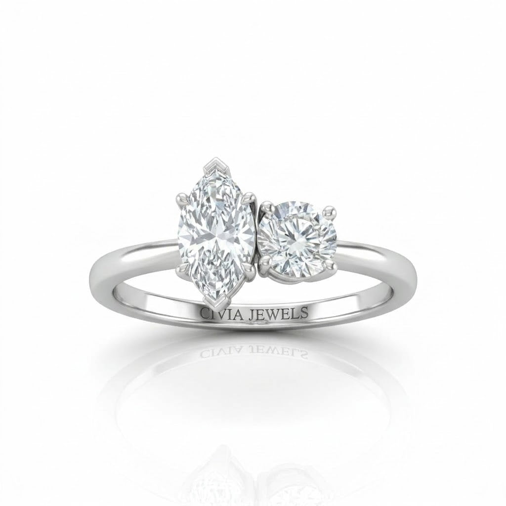 Silver Amourique Toi et Moi Marquise & Round Diamond Engagement Ring
