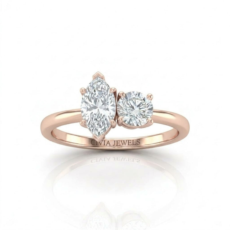 Rose Gold Amourique Toi et Moi Marquise & Round Diamond Engagement Ring