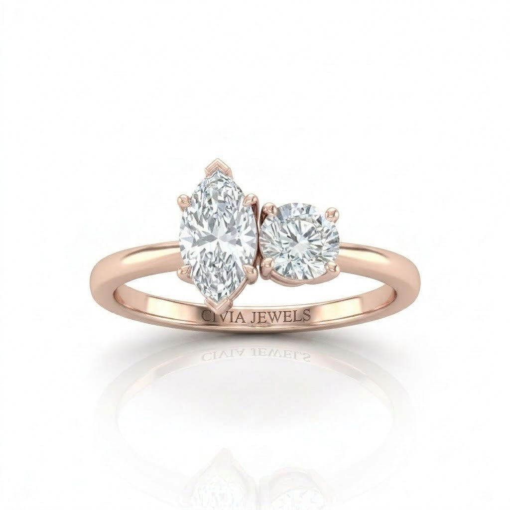 Rose Gold Amourique Toi et Moi Marquise & Round Diamond Engagement Ring