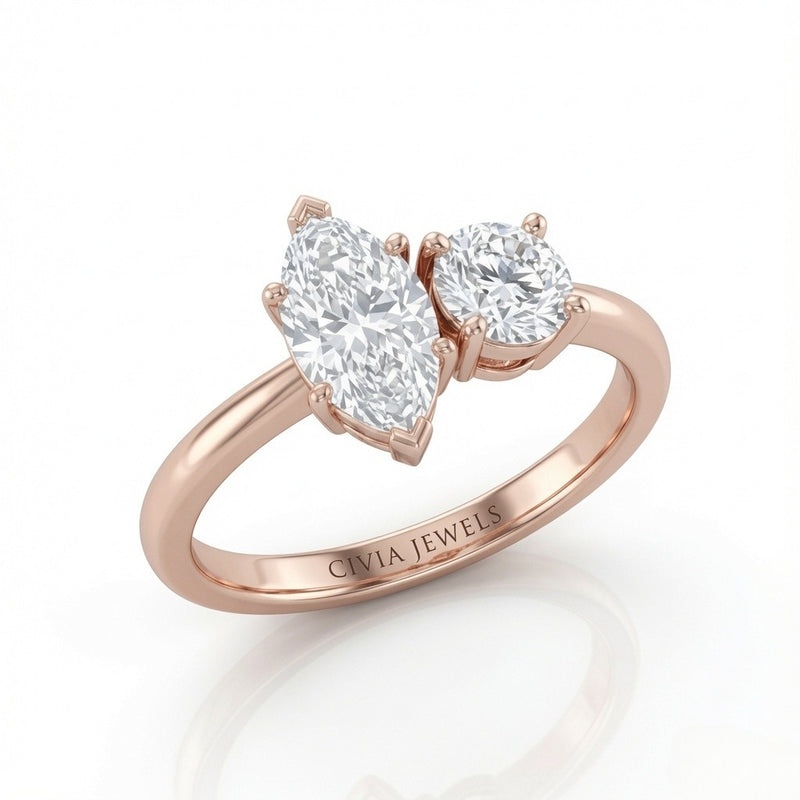 Rose Gold Amourique Toi et Moi Marquise & Round Diamond Engagement Ring