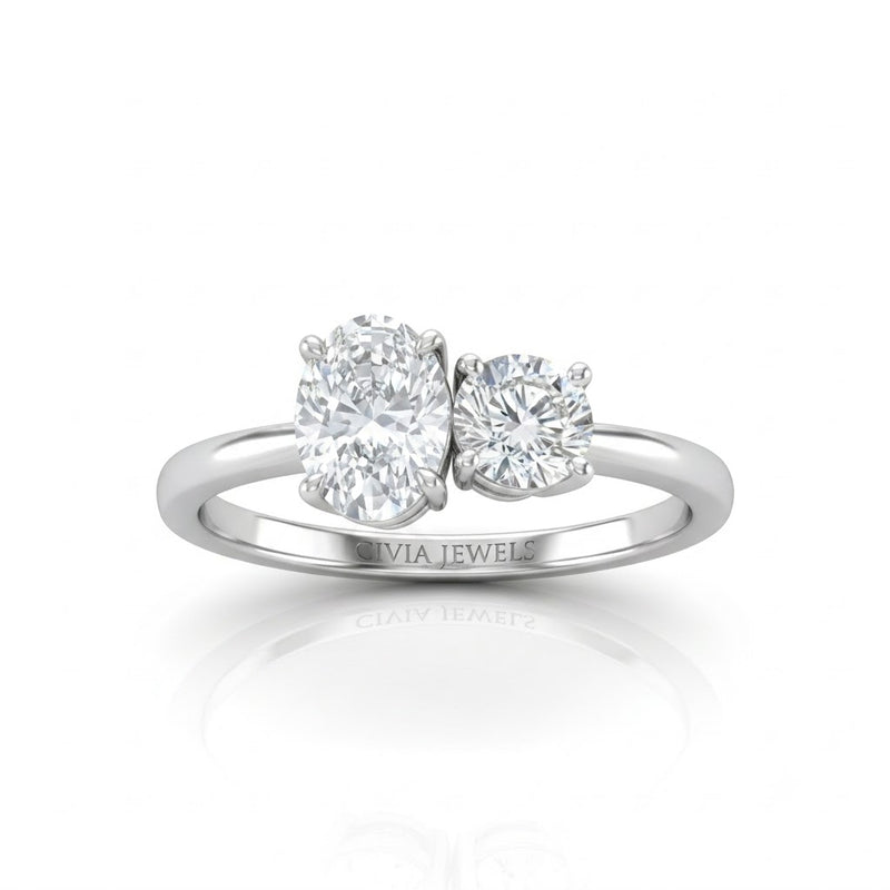 Silver Amourique Toi et Moi Oval & Round Diamond Engagement Ring