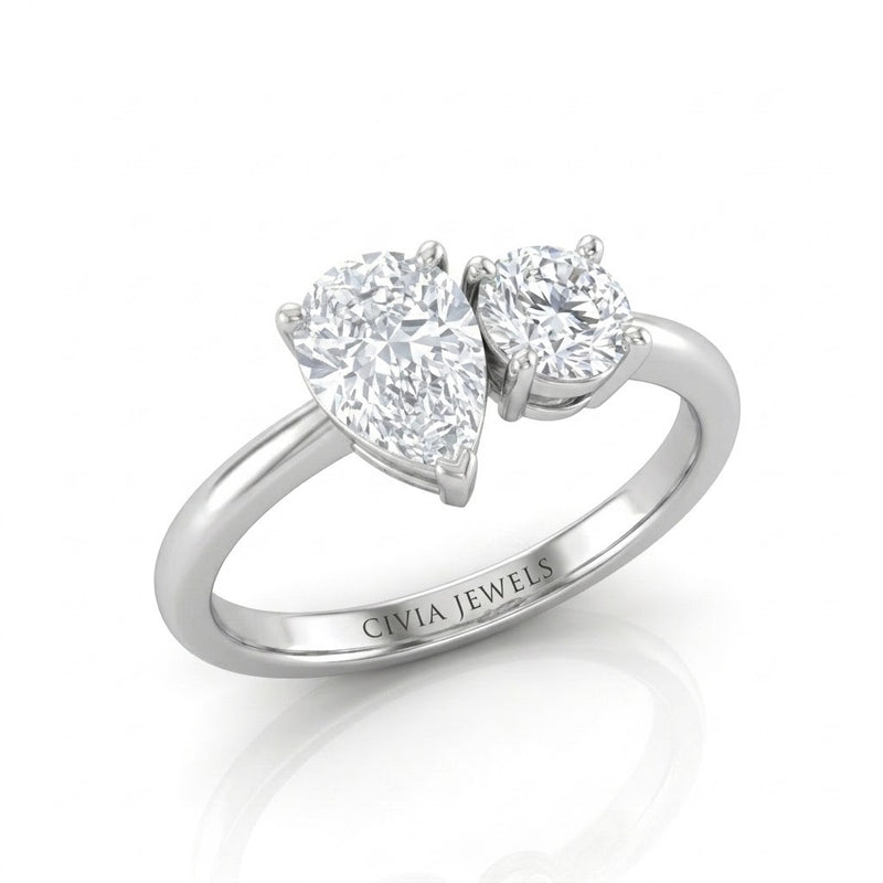 Silver Amourique Toi et Moi Pear & Round Diamond Engagement Ring